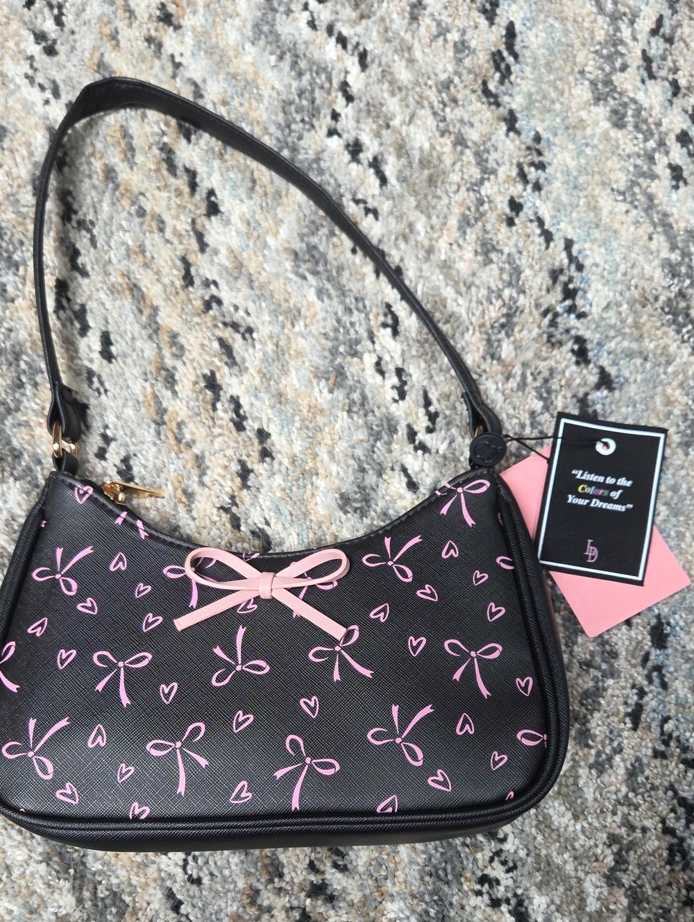 Black and Pink Bow-Print Shoulder Bag